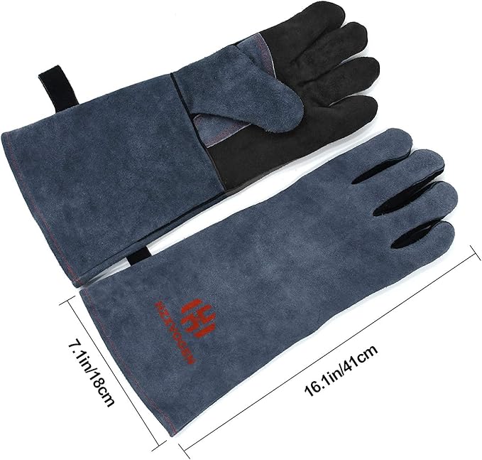 H HZXVOGEN Welding Gloves Fireplace Gloves Fire Heat Resistant 932℉ Fireproof Leather Mitts for Stove BBQ Grill Oven MIG TIG