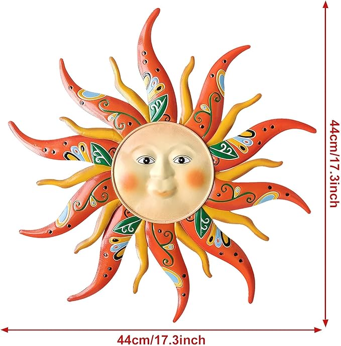 Metal Sun Wall Art Decor,17.3Inches Sun Face Garden Sculptures Statues Wall Art Decorations for Indoor and Outdoor, Room Garden Porch Fence Balcony Patio Decor