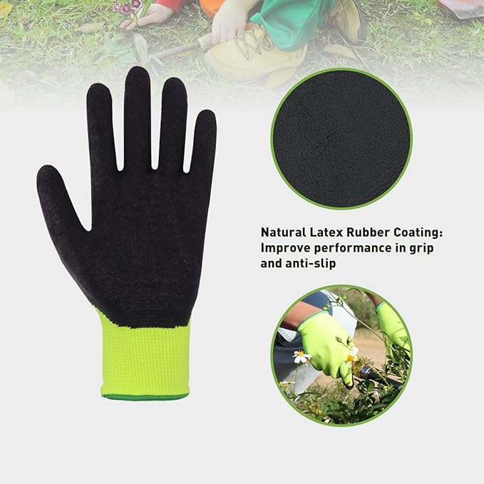 HANDLANDY 3 Pairs Kids Gardening Gloves Latex Free, Nitrile Coated Children Toddler Garden Yard Work Gloves for Little Girls Boys 5-6 (Size M, Black-Green)