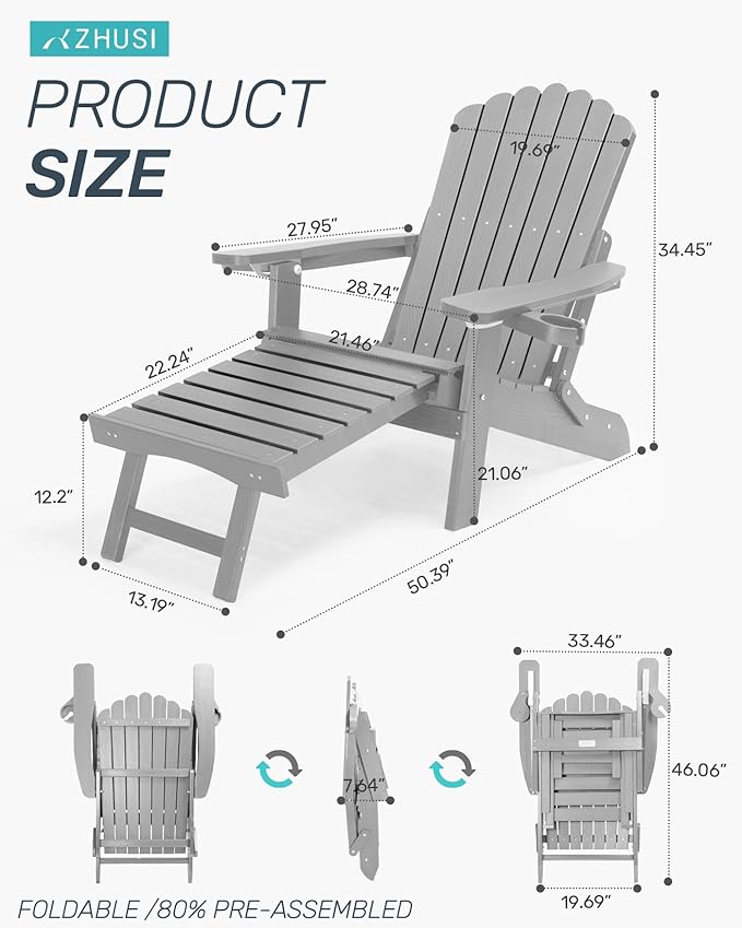ZHUSI Folding Adjustable Adirondack Chair with Retractable Ottoman, Adirondack Chair with 2 Cup Holders, Outdoor Chairs for Porch Patio Lawn Balcony Weather Resistant (Grey, 1 pcs)