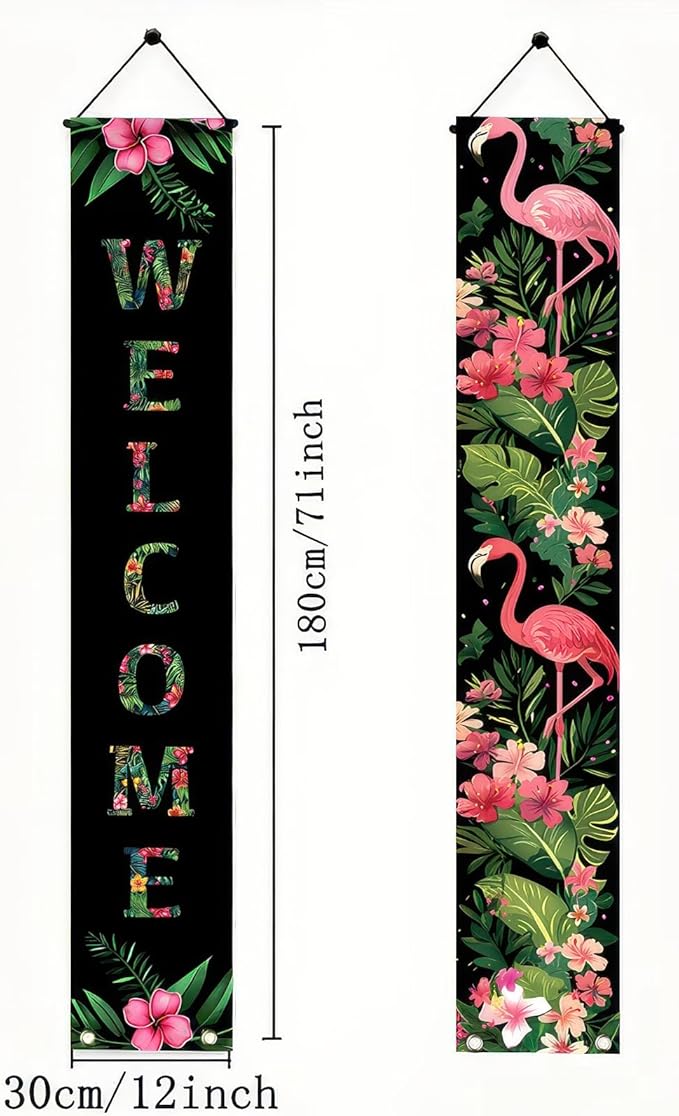 2pcs Black Pink Flamingo Door Banner Summer Hawaiian Porch Banners Sign Sunshine Hibiscus Floral Front Door Hanging Decor Banner for Seasonal Home Hawaii Tropical Party Outdoor Decorations