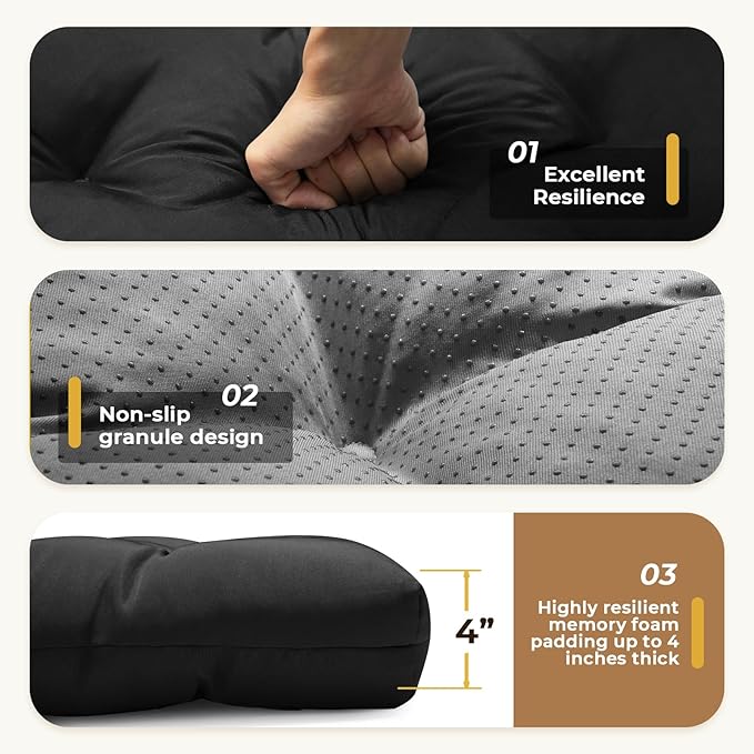 All Weather Chaise Lounge Cushions Outdoor Lounge Chair Cushion, Waterproof Memory Foam Chaise Lounger Chair Cushion Replacement for Outdoor Patio Furniture with Non-Slip Back and Ties, Black
