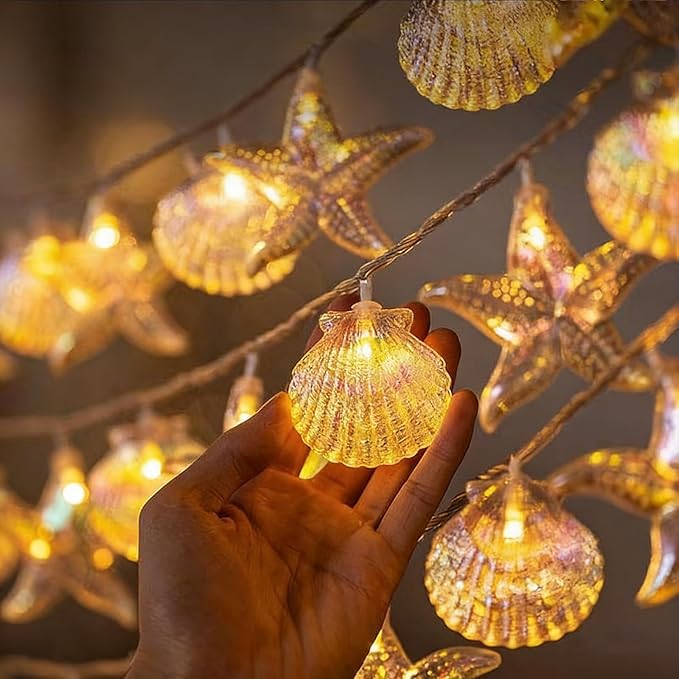Starfish Shell String String Light 9.8FT 20 LED Lights with Battery Operated Warm White LEDs, Ocean Theme for Holiday Party, Wedding, Garden Decoration (Shell Star Seahorse, 9.8 FT)