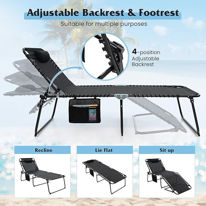 GYMAX Lounge Chair for Outside, 440lbs 27” Oversize Folding Beach Tanning Sunbath Chair with Adjustable Backrest & Removable Pillow, Lightweight Portable Patio Lounger for Lawn Poolside (2, Black)