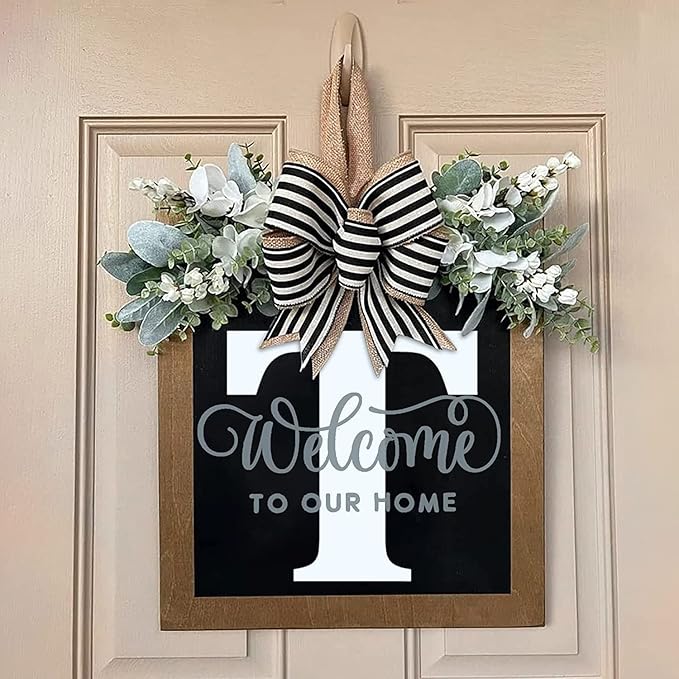 Last Name Front Porch Decor, Welcome Sign Wreath, Outdoor Decorations, 26 Letter Hanging for Door, Spring Wreaths, All Seasons Monogram (T)