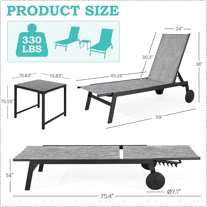 EROMMY Patio Chaise Lounge Chair Set of 2 with Table, Waterproof Outdoor Poolside Recliners with Adjustable Backrest & Wheels