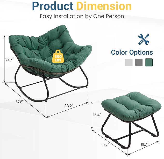 Wisteria Lane Patio Rocking Chair with Ottoman, Outdoor Indoor Rocking Egg Chair with Cushions, Metal Lounge Chair Oversized Papasan Chair, Outdoor Wicker Reading Chair for Porch Garden, Green