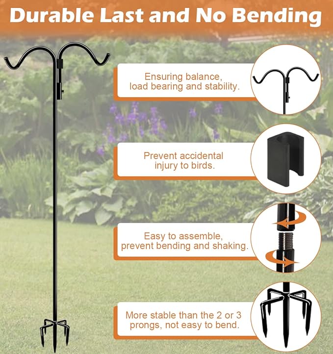 76 Inch Double Shepherds Hook for Outdoor with 5 Prong Base, Adjustable Heavy Duty Bird Feeder Pole for Hanging Flower Basket, Plant Hanger, Solar Light Lanterns, Black