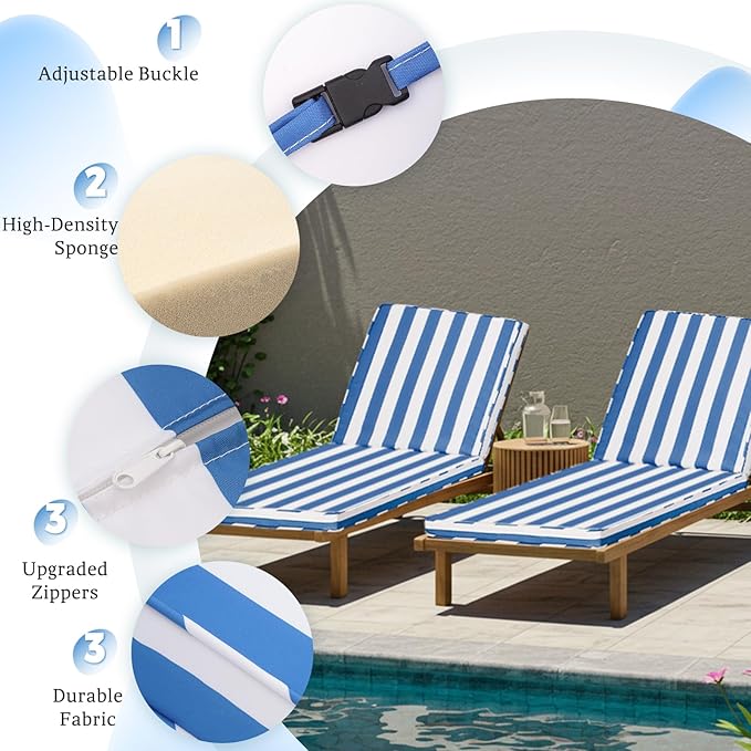 Chaise Lounge Cushions Outdoor Set of 2, 71"x22"x3" Patio Lounge Chair Furniture Cushions with Washable Covers for Pool, Patio, Lawn (Sky Blue White Stripes, 1 Pcs)