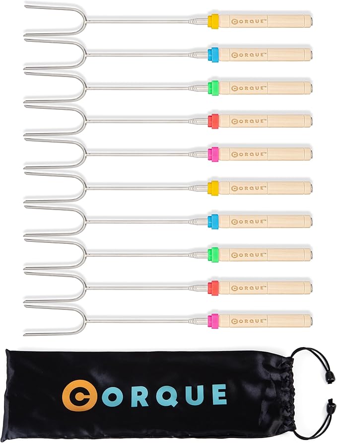CORQUE Marshmallow Roasting Sticks, Smores Sticks, Extendable, Camping Skewer for Fire Pit, Wooden Handle, 34 inch Metal for BBQ Hotdog, Cooking, Campfires, Bonfires, Set of 10 [New Model]