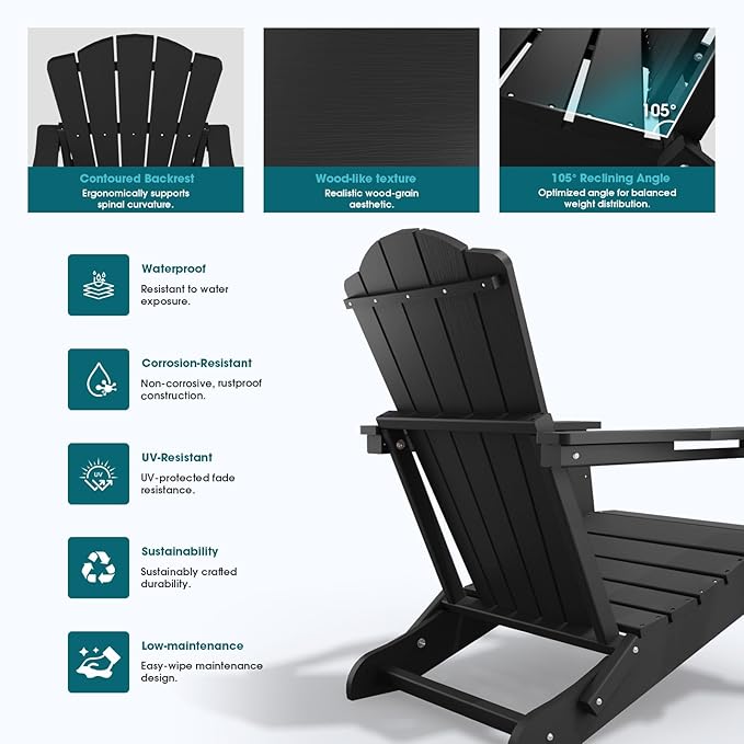 Folding Adirondack Chair Set of 4,HDPE All-Weather Outdoor Chair with Cup Holder,Wooden Textured,Fire Pit Chair,Plastic Patio Chair for Deck,Backyard,Garden,Lawn(Black)