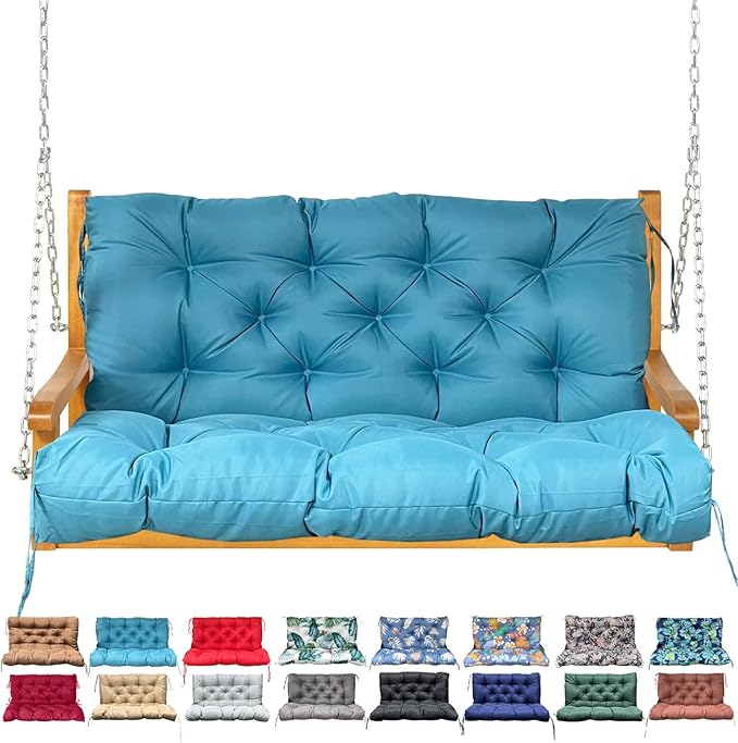 Porch Swing Cushion with Backrest,Waterproof Bench Cushion for Outdoor Furniture,2-3 Seater Replacement Thickened Swing Cushion with Ties,Patio,Outdoor,Backyard and Garden (SkyBlue,40x40)