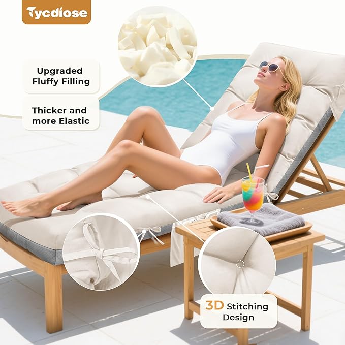 Outdoor Lounge Chair Cushion, Waterproof Replacement Chaise Lounge Cushions for Outdoor Furniture Thickened 71 x 22 x 4.7 Inches Non-Slip Patio Pool Lounge Chair Cushions with Ties (Cream)