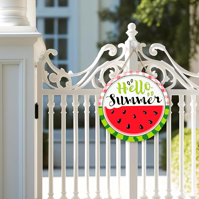 Hello Summer Watermelon Door Sign Summer Welcome Sign for Front Door Red Green Buffalo Plaid Wooden Door Hanger Outdoor Porch Decor Seasonal Farmhouse Hanging DecorationS 12 Inch