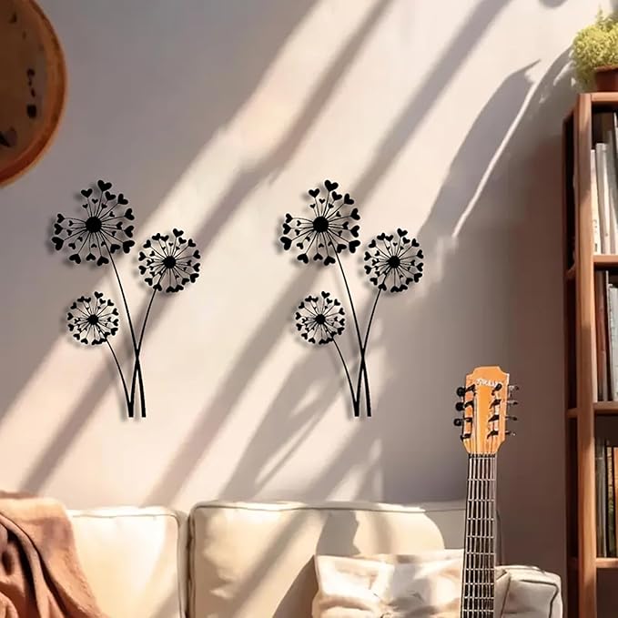 DUOOLN Metal Flowers Wall Art Decor, Minimalism Dandelion Flower Hanging Iron Decoration,Modern Plant Potted Art Sculpture Sign, Home Bedroom Bathroom Outdoor Indoor Kitchen Feature Wall-15.7x9.8in