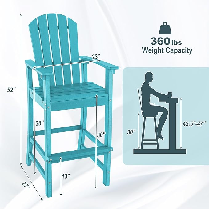 Giantex HDPE Outdoor Bar Stools - All Weather Tall Adirondack Chair with Armrest, Footrest, Load 360Lbs, 30-Inch Counter Height Bar Stool for Patio, Garden, Yard, Indoor Or Outdoor Use (1, Turquoise)