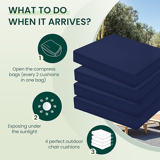 HARBOREST Outdoor Chair Cushions Set of 4, Water Resistant Patio Chair Cushions with Ties, Square Corner Outdoor Seat Cushions for Patio Furniture, 18.5"x16"x3", Navy