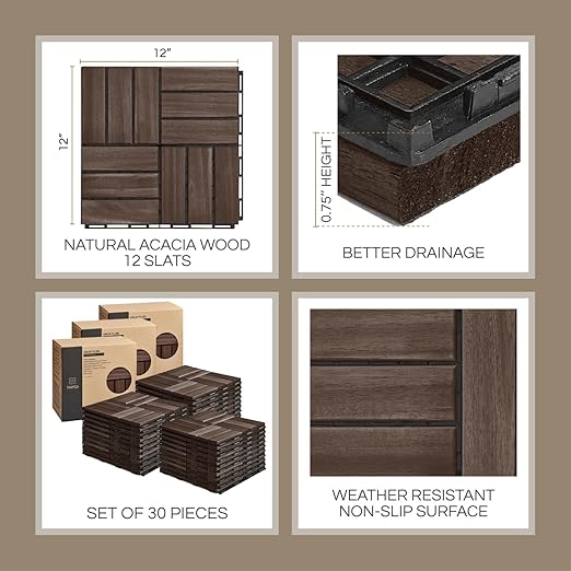 30 Pcs Deck Tiles, Patio Flooring - Outdoor Waterproof Acacia Wood Tiles for All Weather Use - Balcony, Backyard, Indoor & Outdoor (Espresso Crossed Pattern, 30 Square Ft)
