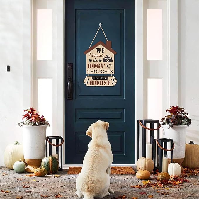 HLNIUC Funny Dog Door Sign,In This House We Narrate The Dogs’ Thought Wall Decor,Rustic Dog House Hanging Decoration for Front Door,Dogs Welcome People Tolerated Plaque for Pet Lovers Porch Decor