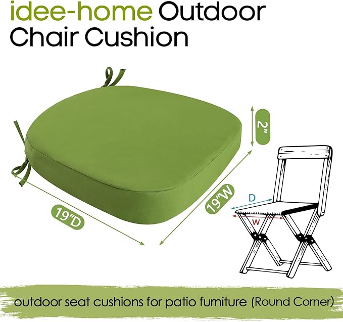 idee-home Outdoor Chair Cushions Set of 2, 19" x 19" x 2" Thick D-Shaped Patio Furniture Outdoor Seat Cushions Waterproof with Ties, Dining Pads