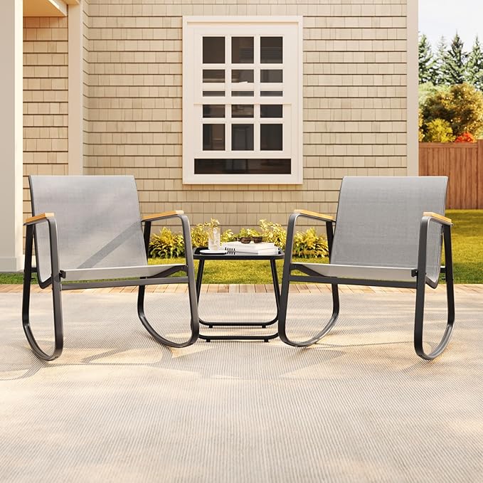Aiho 3 Piece Patio Bistro Set, Textilene Outdoor Furniture Set with Patio Rocking Chairs with Wooden Armrests and Glass Table for for Lawn, Porch, Balcony, Poolside(Grey)