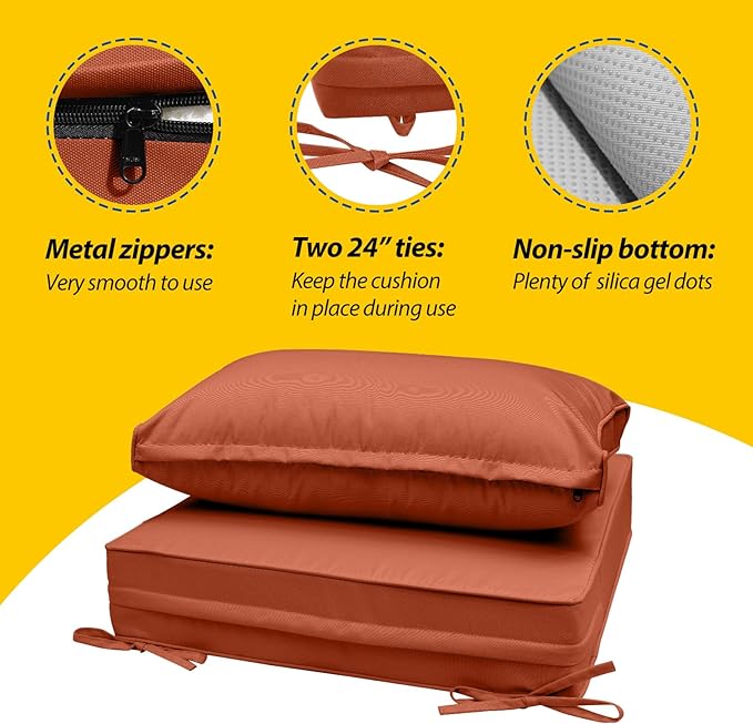 AAAAAcessories Outdoor Seat Cushions for Chairs, Fade-Resistant, Waterproof Patio Furniture Replacement Cushions, 23.5" x 25.5" x 5" + 23.5" x 13.5", Rust