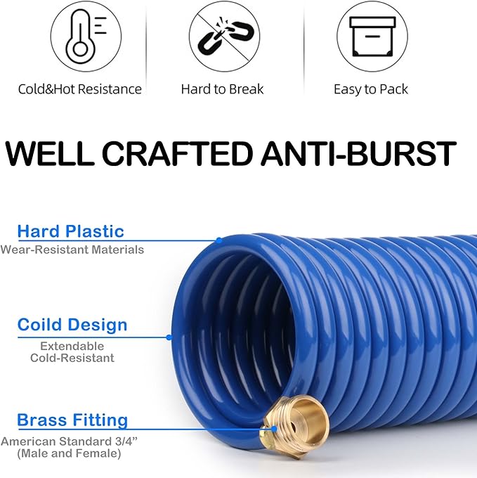 EVA Coil Garden Hose for Gardener: Retractable Self Coiling Hoses with 3/4" GHT Solid Brass Fittings - Kink Free and Flexible for Home and Garden Yard (20FT, Blue)