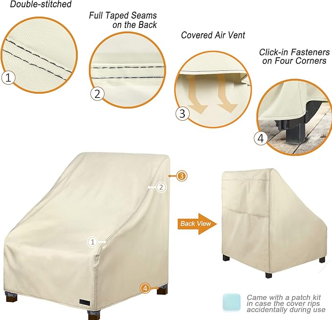 NettyPro Patio Chair Covers 34 Inch Waterproof 600D Heavy Duty Outdoor Seat Covers Set 4, Beige