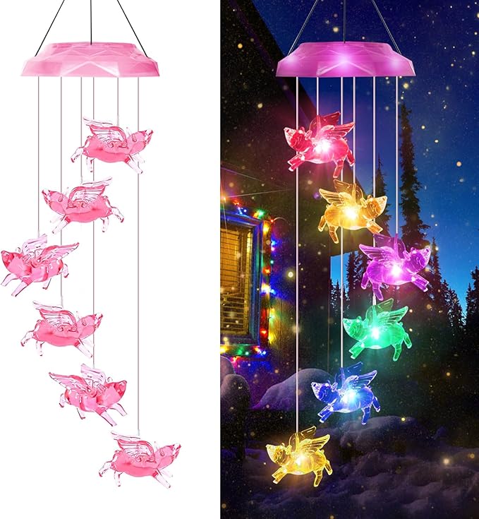 Solar Wind Chimes for Outside- Pig Wind Chimes Pink,7 Colors Changing Outdoor Waterproof Flying Pig LED Wind Bell, Patio Garden Yard Decor(Gifts for Dad,Mom, Women, Gardening Gifts)