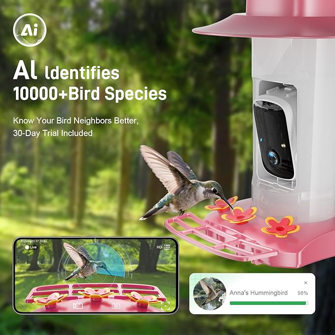 Hummingbird Feeder with Camera Outdoor, SV3C Hanging Bird Feeder with Ant Moat & Bee-Proof, HD 2K Solar Powered, AI Bird Identify, Instant App Alerts, Auto Capture, Hummingbird Lover Gifts, 21oz, Pink