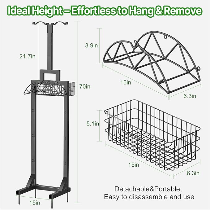 Garden Hose Holder, Water Hose Holders for Outside with Storage Basket & 2 Shepherds Hooks, Detachable Garden Hose Holder Freestanding, Heavy Duty Hose Holder Supports 150ft Hoses