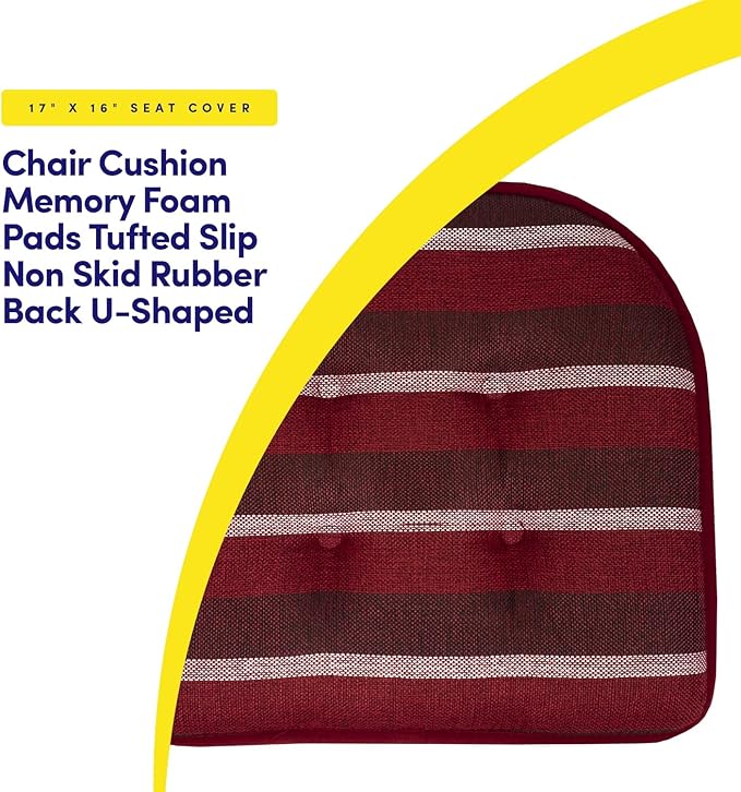 Sweet Home Collection Chair Cushion Memory Foam Pads Tufted Slip Non Skid Rubber Back U-Shaped 17" x 16" Seat Cover, 2 Count (Pack of 1), Bradford Burgundy