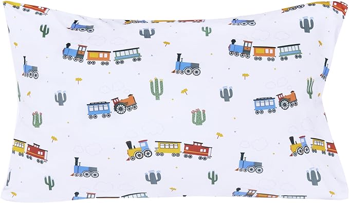 Scientific Sleep Little Train Cactus Cute Fun 100% Cotton Cozy Twin Bed Sheet Set, Flat Sheet & Fitted Sheet & Pillowcase Kids Boys Bedding Set (Trains, Twin)