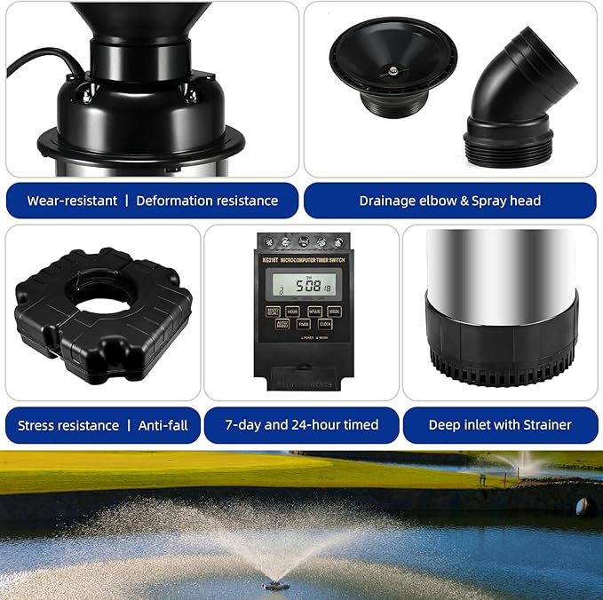 Floating Pond Fountain 1HP 110V 750W with 98Ft Power Cord, Featuring a Timer,2 Fountain nozzles,Metal Pond Waterfall Pump.