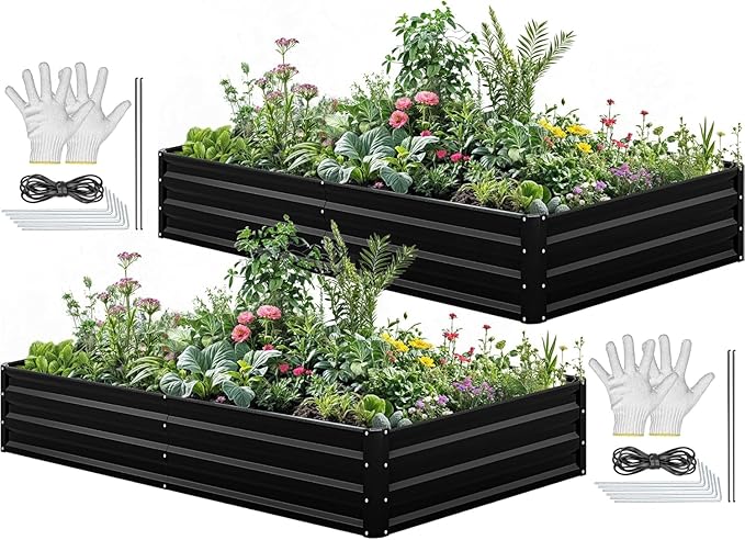 YITAHOME 96x48x12 in 2pcs Galvanized Raised Garden Bed Kit, Large Metal Planter Box with Gloves, Safety Rubber & Support Rod, Outdoor Flower Bed for Plants Vegetables, Black
