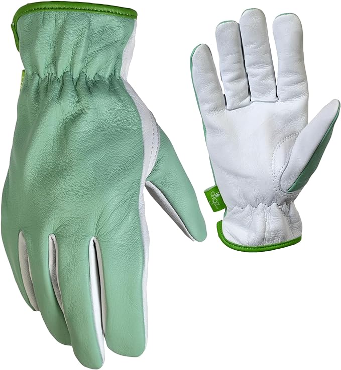 DIGZ 78221-26 Full Goatskin Leather Palm Gardening Gloves, Work Gloves with Safety Cuff, Light Green, Medium