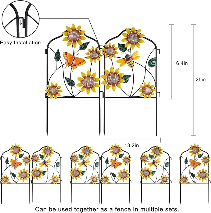 hogardeck Garden Decor for Outside, Set of 2 Metal Fence Decorative Garden Stakes with Flowers for Sunflower Decor, Yard Signs for Outdoor Patio Lawn Backyard Porch
