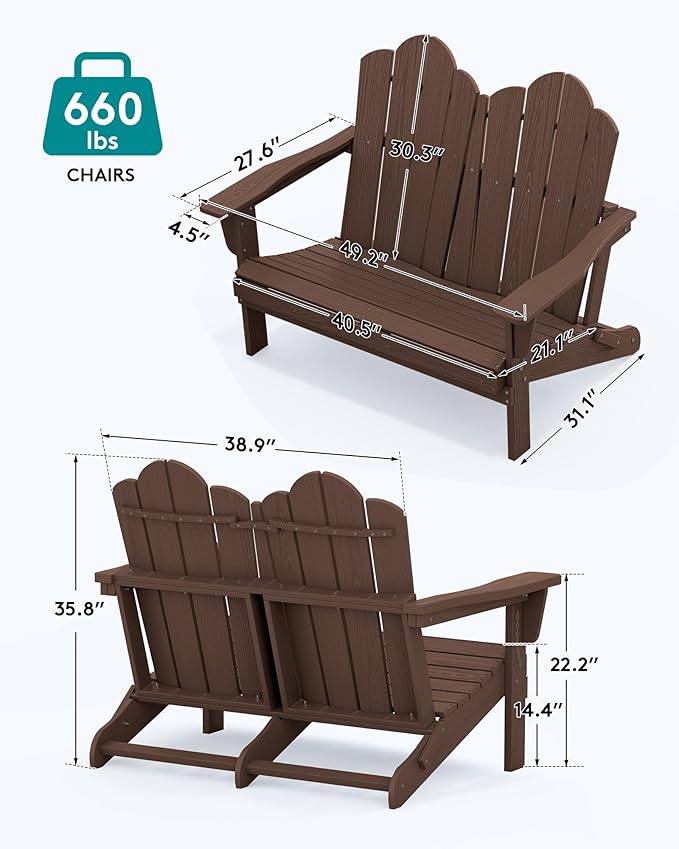 SERWALL Folding Adirondack Bench, HDPE All-Weather Adirondack Loveseat Set of 2, Coffee