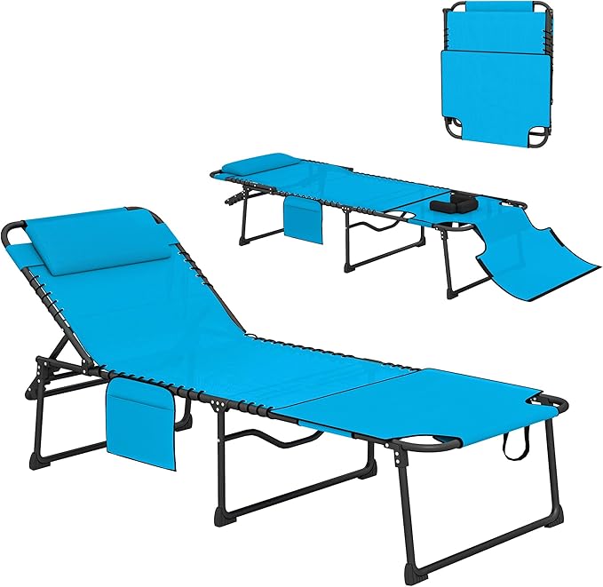 Outsunny Folding Chaise Lounge with 5-Level Reclining Back, Tanning Chair with Face Hole, Outdoor Lounge Chair with Side Pocket & Headrest for Beach, Yard, Patio, Blue