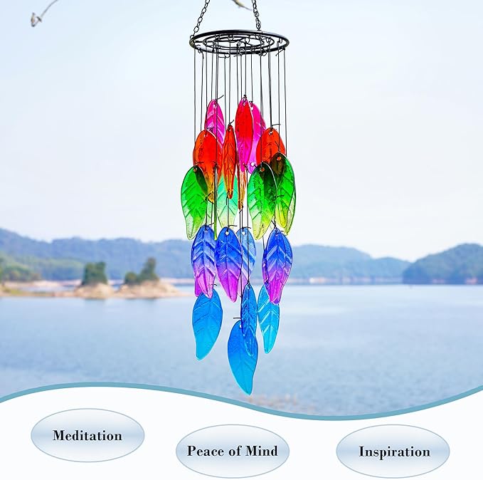 18'' Stained Glass Leaves Wind Chimes for Outside Unique Rainbow Leaves Forest Windchimes Outdoor Decoration Garden Decor