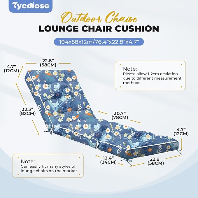 Outdoor Chaise Lounge Chair Cushion, Waterproof Non-Slip Patio Chaise Lounge Cushions for Outdoor Furniture, Thickened Patio Pool Lounger Chair Cushion, 76.4 x 22.8 x 4.7 Inches, Blue Floral