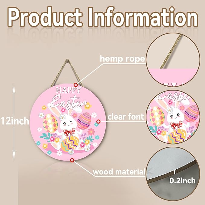 Happy Easter Bunny Front Door Signs Pink Easter Rabbit Eggs Door Hanger Spring Floral Wooden Porch Door Hanging Sign Farmhouse Decorations for Home Holiday Party