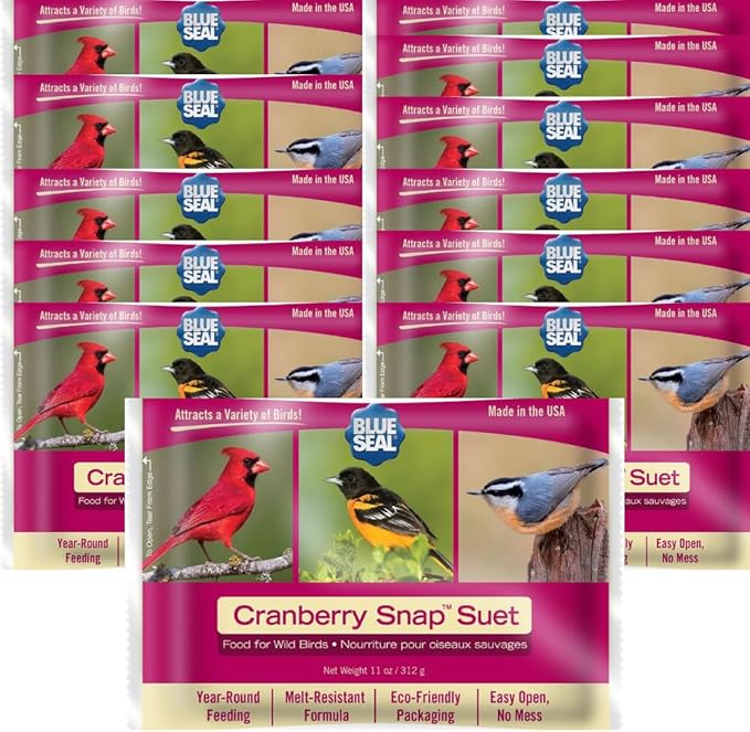 Blue Seal Cranberry Snap Suet Cakes for Wild Birds - No Mess Feed, Food for Woodpeckers, Cardinals, Siskins, Sparrows & More - 11oz Suet Feeder, Bird Seed Cakes (Pack of 12)