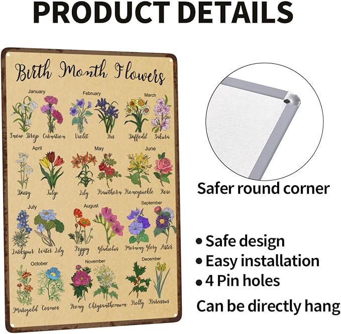 Birth Month Flower Garden Gifts Vintage Metal Tin Sign Retro Rustproof Funny Art Wall Decor Gift for Home Greenhouse Living Room Bedroom Yard Cottage Outdoor 8x12 Inch