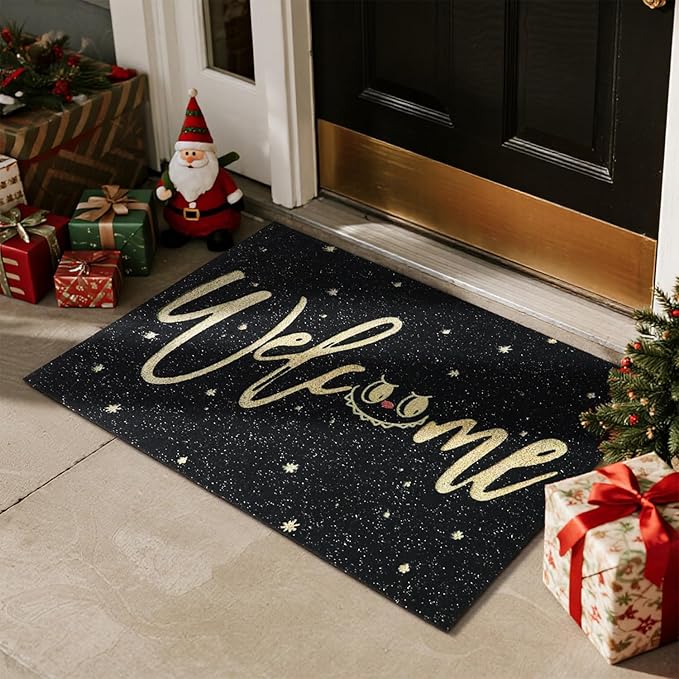 Welcome Mat Front Door Mat Indoor Outside Entrance, Absorbent Heavy Duty Doormat with Non Slip Backing Entryway Rug for Front Back Door, 17" x 30", Black