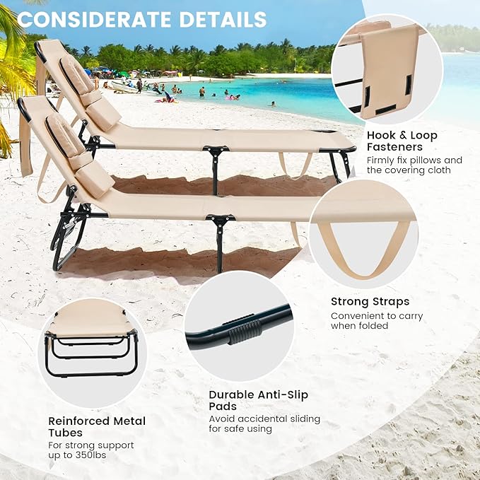GYMAX Tanning Chair, 350lbs Beach Lounge Chair with Face Hole, Washable Pillow & Carry Strap, Adjustable Folding Chaise Lounge, Layout Lounger for Outside, Patio, Poolside, Lawn (2, Beige)