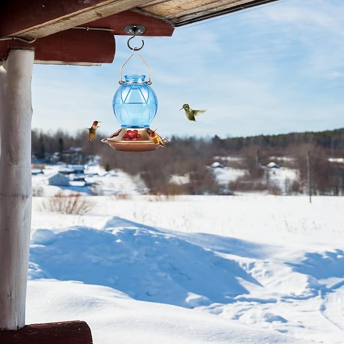 BOLITE Hummingbird Feeder, Glass Hummingbird Feeders for Outdoors, Netted Texture Ball Shape Bottle, 20 Ounces, Blue, Birthday Gifts for Women Men, Gifts for Mom Dad