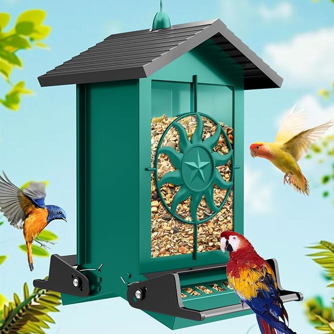 Squirrel Proof Bird Feeders for Outdoors, 5LBS Large Capacity Metal Wild Bird Feeder with Bilateral Weight-Activated Perches, Anti Squirrel Bird Feeders for Outside Finch, Cardinal, Blue Jay (Green)