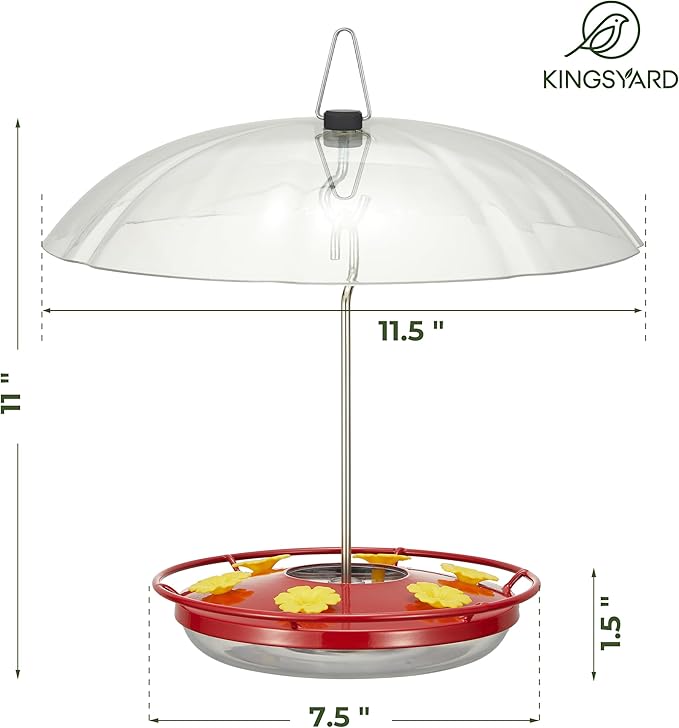 Kingsyard Weatherproof Hummingbird Feeder for Outdoors Hanging - Heavy Duty Metal lid with 6 Bee Guard Feeding Ports & Circular Perch, Built-in Ant Moat, Easy to Refill & Clean (12oz/Red)