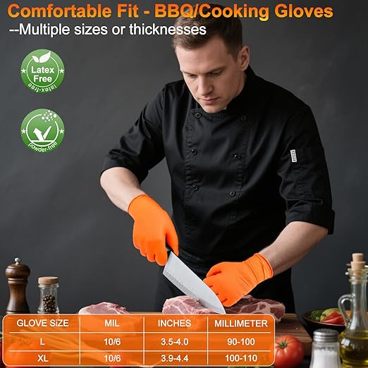BBQ Gloves for Grilling Disposable Heat Resistant - 100 Nitrile Gloves + 4 Reusable Cotton Liners for Cooking Smoker -Orange XXLarge